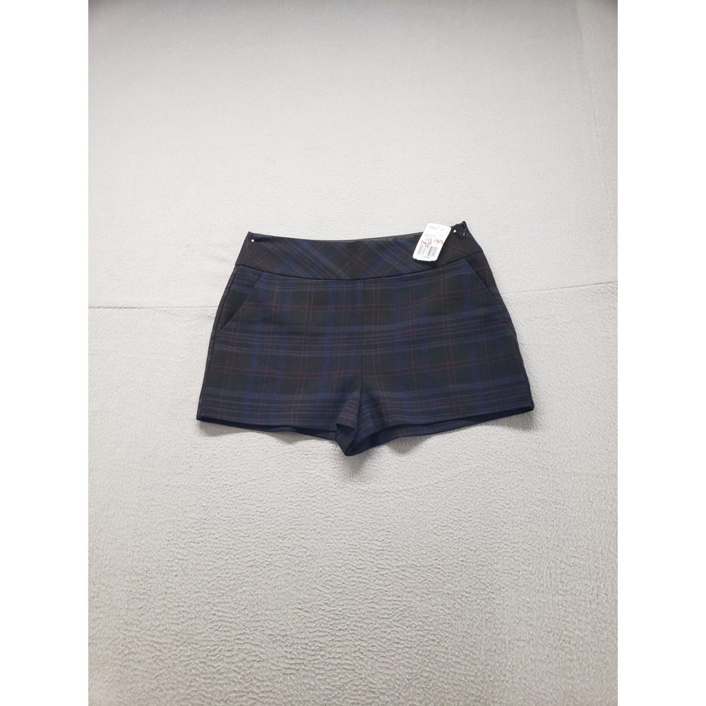 Forever 21 Women Short S Blue Plaid High Waist Side Zip Slash Pockets Casual